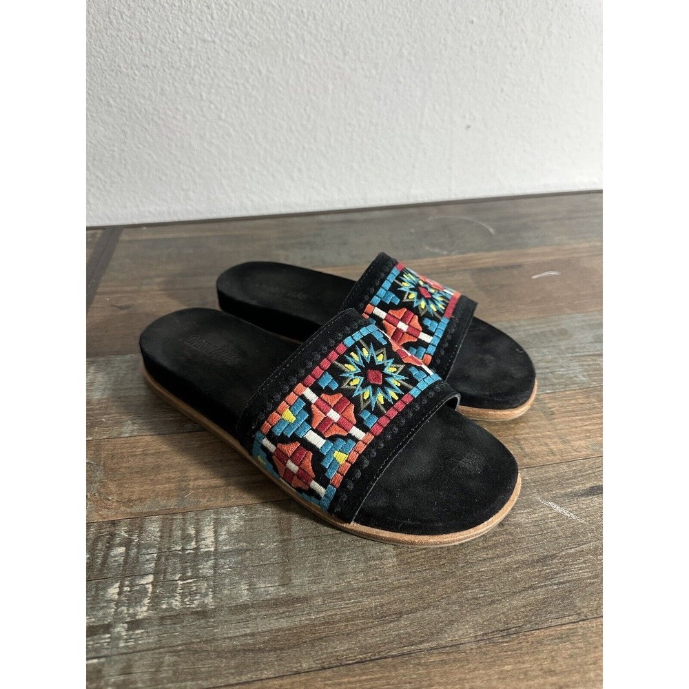 Johnny Was SZ 7M Embroidered Flat Slides Sandals Leather Black Multicolor Womens